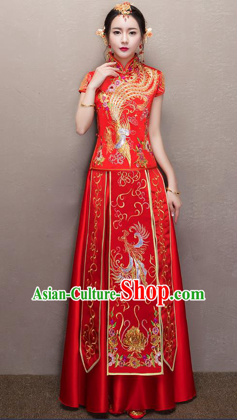 Chinese Traditional Xiuhe Suit Embroidered Peony Longfeng Flown Ancient Bottom Drawer Wedding Dress for Women