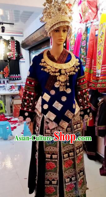 Chinese Traditional Miao Nationality Blue Dress Embroidered Costumes for Women