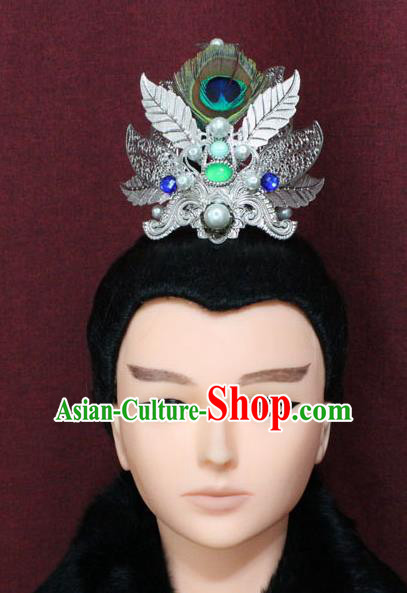 Chinese Traditional Swordsman Feather Hair Accessories Ancient Han Dynasty Prince Hairdo Crown for Men
