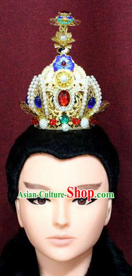 Chinese Traditional Swordsman Pearls Hair Accessories Ancient Han Dynasty Prince Blueing Lotus Hairdo Crown for Men