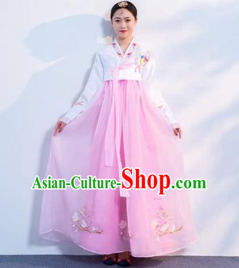 Asian Korean Traditional Costumes Korean Hanbok White Embroidered Blouse and Pink Skirt for Women
