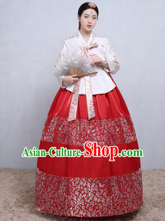 Asian Korean Traditional Costumes Korean Palace Hanbok Embroidered White Blouse and Red Skirt for Women
