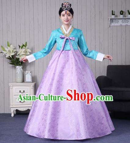 Traditional Korean Palace Costumes Asian Korean Hanbok Bride Blue Blouse and Lilac Skirt for Women