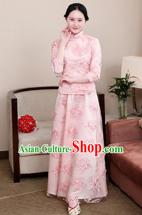 Chinese Ancient Nobility Lady Costumes Traditional Embroidered Pink Qipao Blouse and Skirt for Women