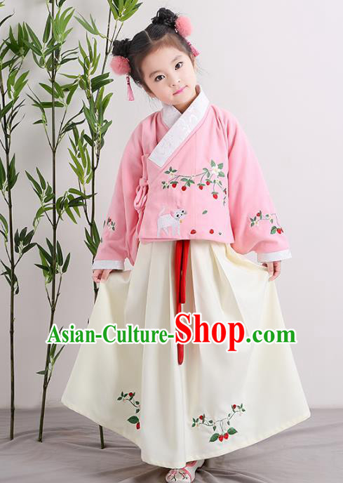 Chinese Ancient Ming Dynasty Children Costumes Traditional Pink Blouse and White Skirt for Kids