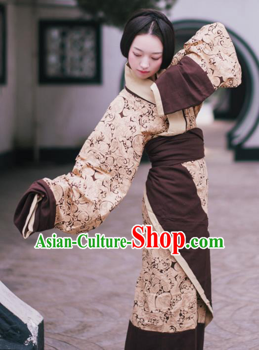 Traditional Chinese Han Dynasty Princess Costume Ancient Brown Curving-Front Robe for Women
