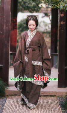 Traditional Chinese Han Dynasty Princess Costume Ancient Deep Brown Curving-Front Robe for Women