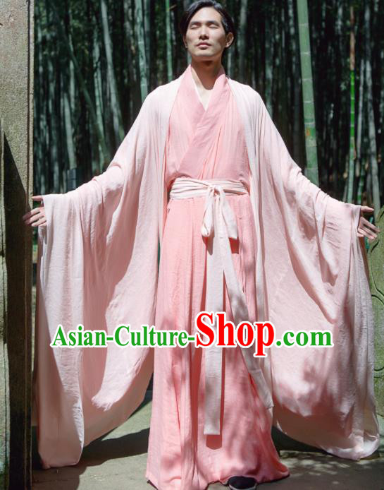 Chinese Ancient Traditional Jin Dynasty Pink Wide Sleeve Cloak Scholar Swordsman Costumes for Men