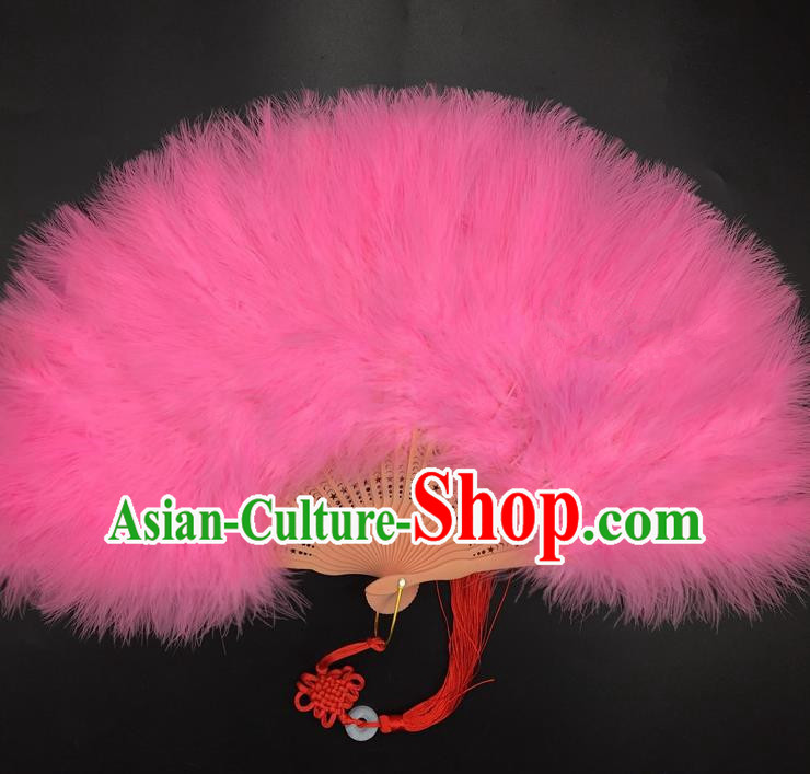 Traditional Chinese Crafts Pink Feather Folding Fan China Folk Dance Feather Fans