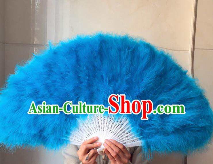 Traditional Chinese Crafts Folding Fan China Folk Dance Blue Feather Fans