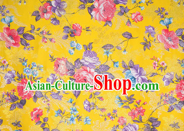 Chinese Traditional Peony Flowers Pattern Tang Suit Yellow Brocade Fabric Silk Cloth Cheongsam Material Drapery