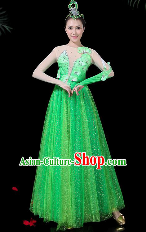 Chinese Classical Dance Green Long Dress Traditional Folk Dance Fan Dance Clothing for Women