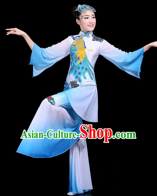 Traditional Classical Dance Yangge Blue Clothing Chinese Folk Dance Umbrella Dance Costume for Women