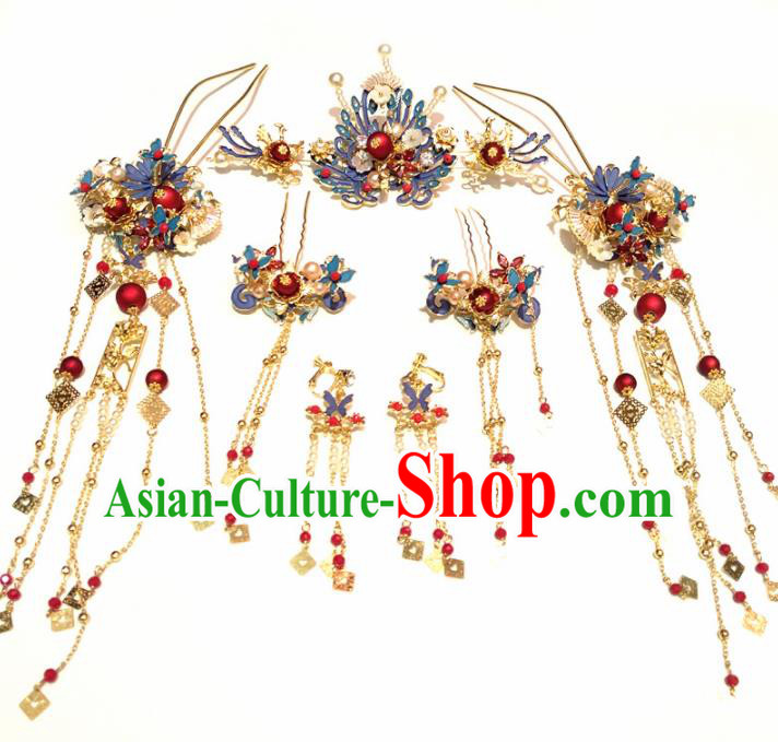 Top Chinese Traditional Wedding Blueing Phoenix Coronet Classical Hairpins Headdress for Women