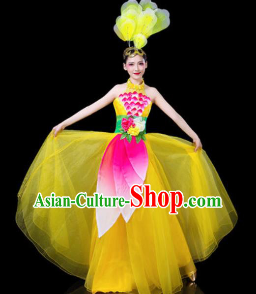 Top Grade Stage Show Chorus Costumes Group Dance Modern Dance Yellow Dress for Women