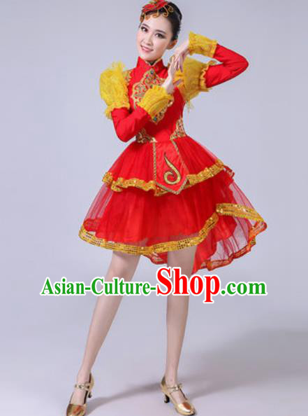 Traditional Chinese Folk Dance Drum Dance Costumes Fan Dance Yangko Dance Red Dress for Women