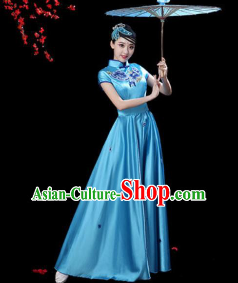 Chinese Classical Dance Chorus Blue Silk Embroidered Dress Traditional Umbrella Dance Fan Dance Costumes for Women