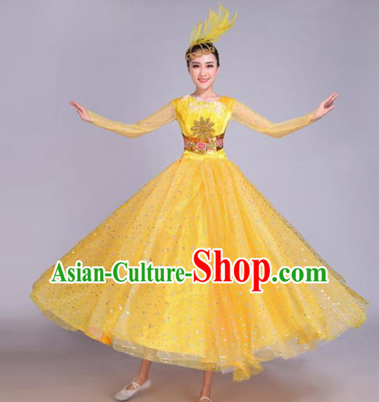 Professional Modern Dance Yellow Veil Dress Stage Show Chorus Group Dance Costumes for Women
