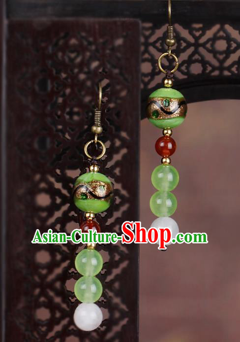 Chinese National Hanfu Classical Green Beads Earrings Traditional Ear Jewelry Accessories for Women