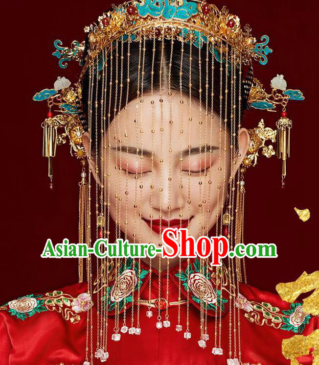 Chinese Ancient Palace Bride Blueing Phoenix Coronet Wedding Hair Accessories Tassel Hairpins Headwear for Women