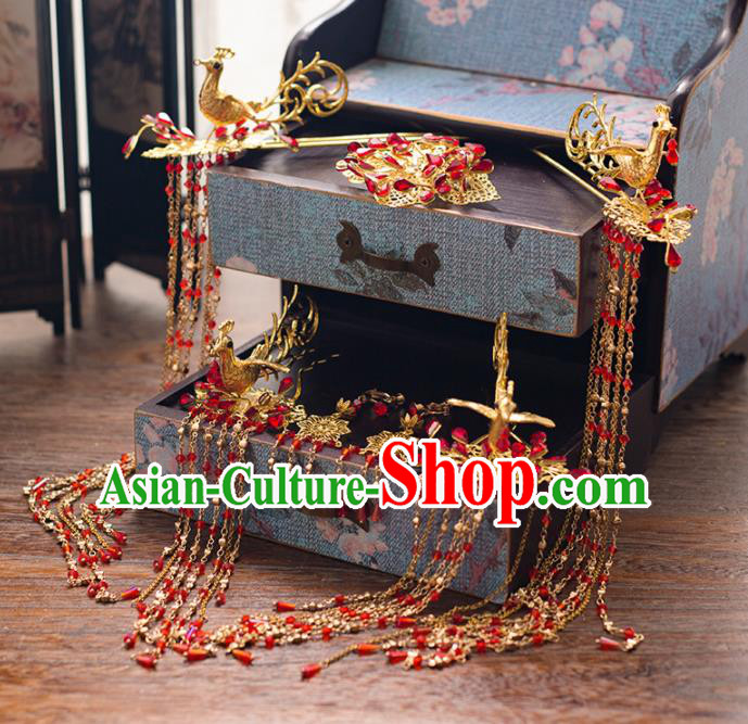 Chinese Ancient Palace Bride Hair Accessories Tassel Hair Clips Phoenix Hairpins Headwear for Women