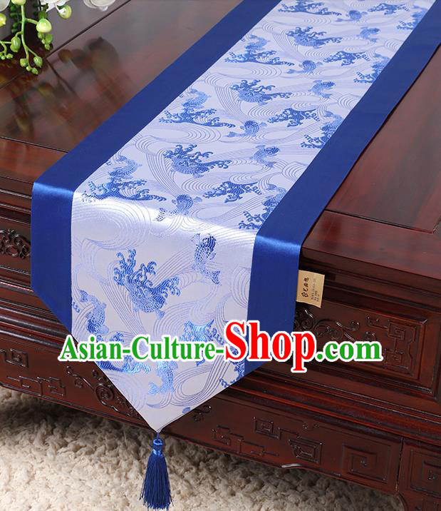 Chinese Traditional Table Cloth Classical Handmade Household Ornament Wave Pattern Royalblue Brocade Table Flag