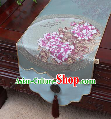 Chinese Traditional Peony Pattern Blue Brocade Table Cloth Classical Household Ornament Table Flag