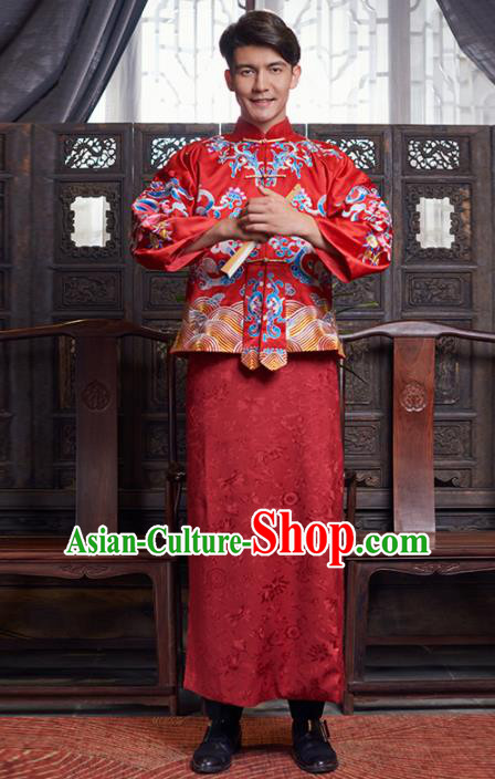 Chinese Traditional Wedding Red Mandarin Jacket Gown Ancient Bridegroom Embroidered Costumes for Men