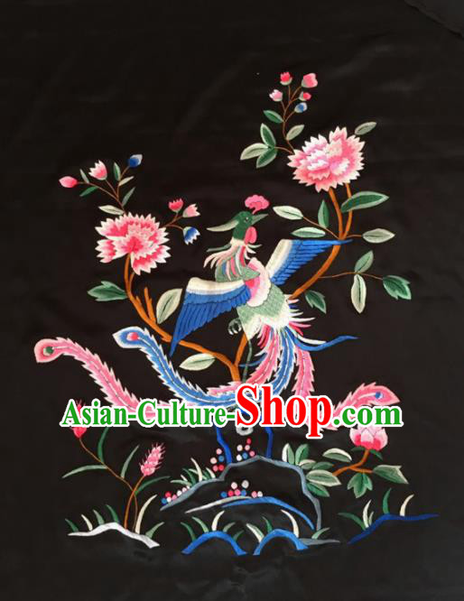 Chinese Traditional Handmade Embroidery Craft Embroidered Phoenix Peony Cloth Patches Embroidering Silk Piece