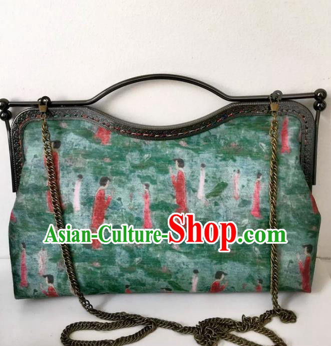 Chinese Traditional Green Handbag Handmade Embroidery Craft Silk Bags