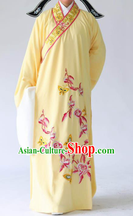 Chinese Traditional Beijing Opera Embroidered Peony Butterfly Yellow Robe Ancient Scholar Costume for Men