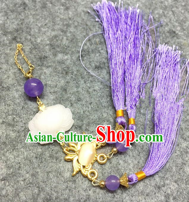 Chinese Traditional Hanfu Brooch Accessories Purple Tassel Lotus Pendant Ancient Qing Dynasty Queen Breastpin for Women