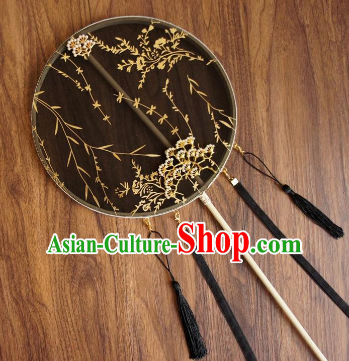 Chinese Traditional Hanfu Ribbon Tassel Black Pine Palace Fans Ancient Princess Silk Round Fan for Women