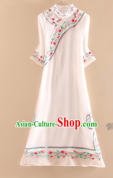 Chinese Traditional Tang Suit Embroidered Flowers White Cheongsam National Costume Qipao Dress for Women