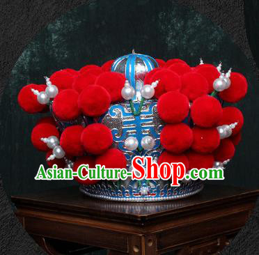 Chinese Traditional Beijing Opera Takefu Hat Peking Opera Red Venonat Helmet for Men