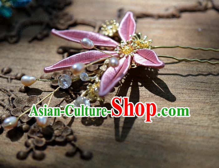 Traditional Chinese Handmade Court Hairpins Hair Accessories Ancient Queen Hanfu Pink Flower Hair Clip for Women