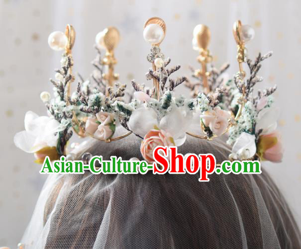 Handmade Baroque Princess Silk Flowers Round Royal Crown Bride Wedding Hair Accessories for Women