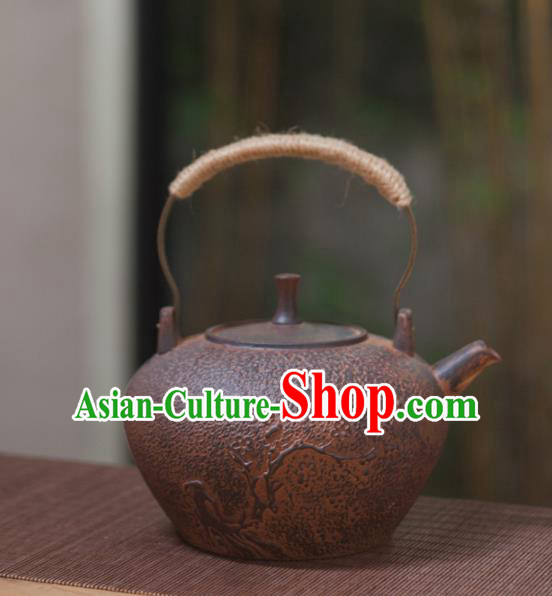 Traditional Chinese Handmade Kung Fu Pottery Teapot Red Clay Carving Tea Kettle