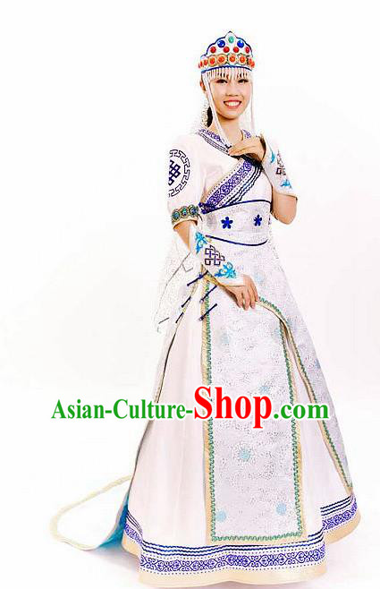 Traditional Chinese Mongol Nationality Wedding White Dress Mongolian Ethnic Dance Costume for Women