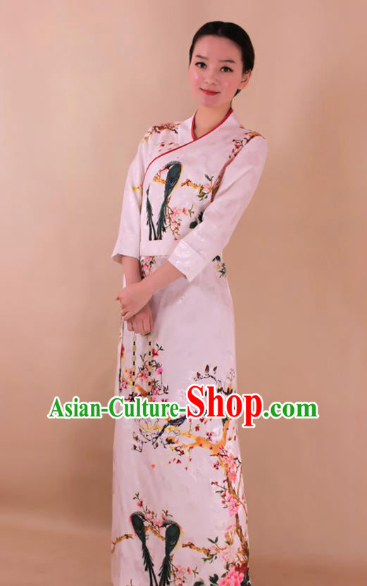 Traditional Chinese Zang Ethnic Printing White Dress Tibetan Minority Kangba Folk Dance Costume for Women