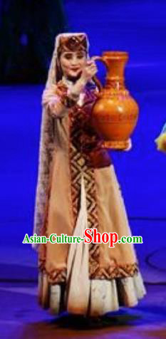 Chinese Back to the Silk Road Uyghur Nationality Dance Khaki Dress Stage Performance Ethnic Costume for Women