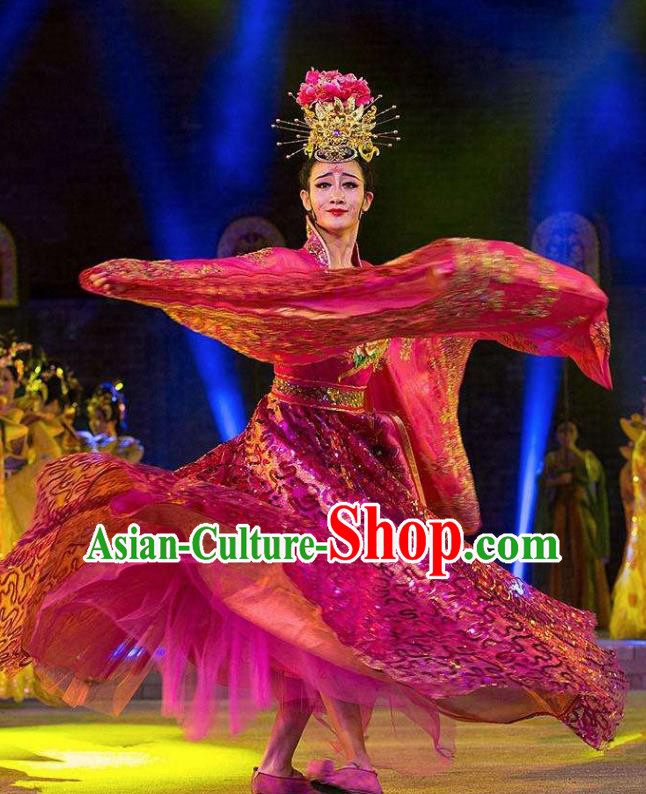 Chinese Chang An Impression Ancient Court Queen Dance Rosy Dress Stage Performance Costume and Headpiece for Women