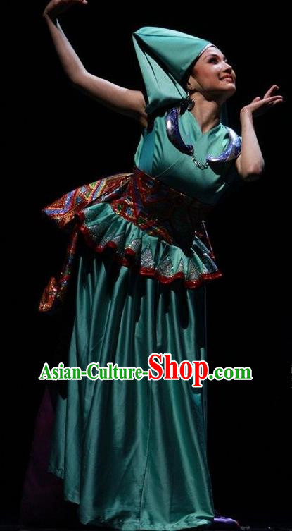 Chinese The Ship Legend of Huashan Zhuang Nationality Dance Green Dress Stage Performance Costume and Headpiece for Women