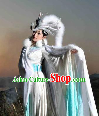 Chinese The Love Story Of A Woodman And A Fairy Fox Folk Dance White Dress Stage Performance Costume for Women