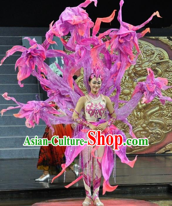 Chinese Jinxiu Shenzhou Classical Dance Ethnic Dance Lilac Dress Stage Performance Costume and Headpiece for Women