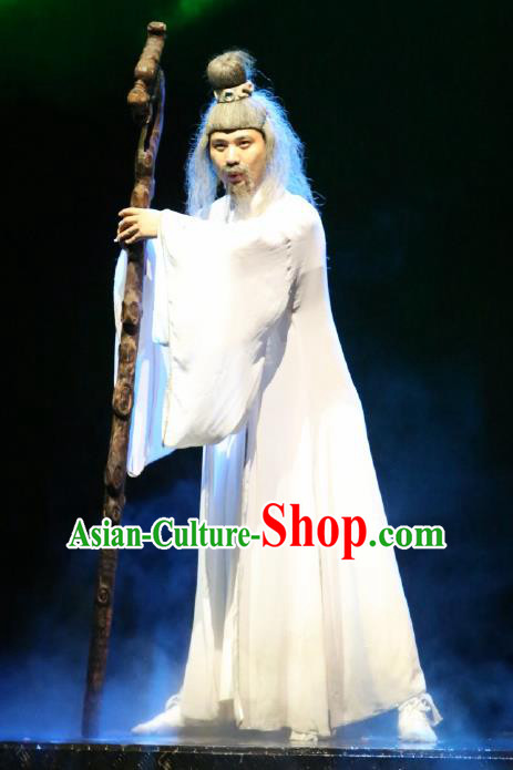 Chinese Picturesque Huizhou Opera Ancient Earth God White Clothing Stage Performance Dance Costume for Men