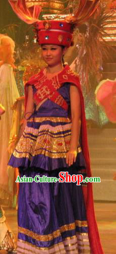 Chinese Oriental Apparel Indian Dance Royalblue Dress Stage Performance Costume and Headpiece for Women