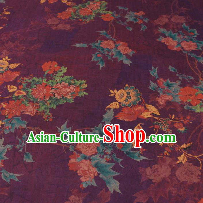 Traditional Chinese Classical Flowers Pattern Deep Purple Gambiered Guangdong Gauze Silk Fabric Ancient Hanfu Dress Silk Cloth