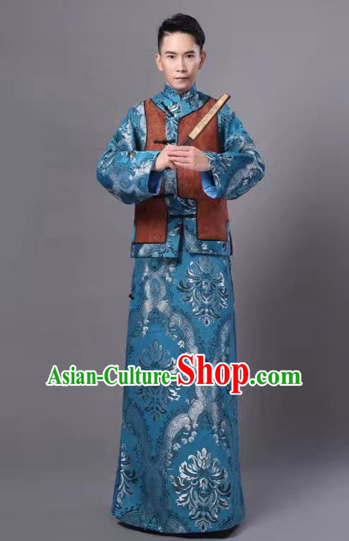 Chinese Traditional Qing Dynasty Prince Blue Hanfu Clothing Ancient Manchu Nobility Childe Costume for Men