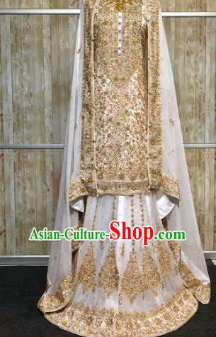 South Asia  Indian Court Bride Golden Costumes Traditional   India Wedding Luxury Embroidered Dress for Women